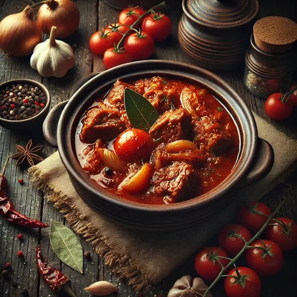 Een rustieke foodfoto van een Indonesische rundvleesstoofpot in tomatensaus, geserveerd in een bruine kom op een houten tafel, omringd door tomaten, knoflook en specerijen in warme huiselijke sfeer.