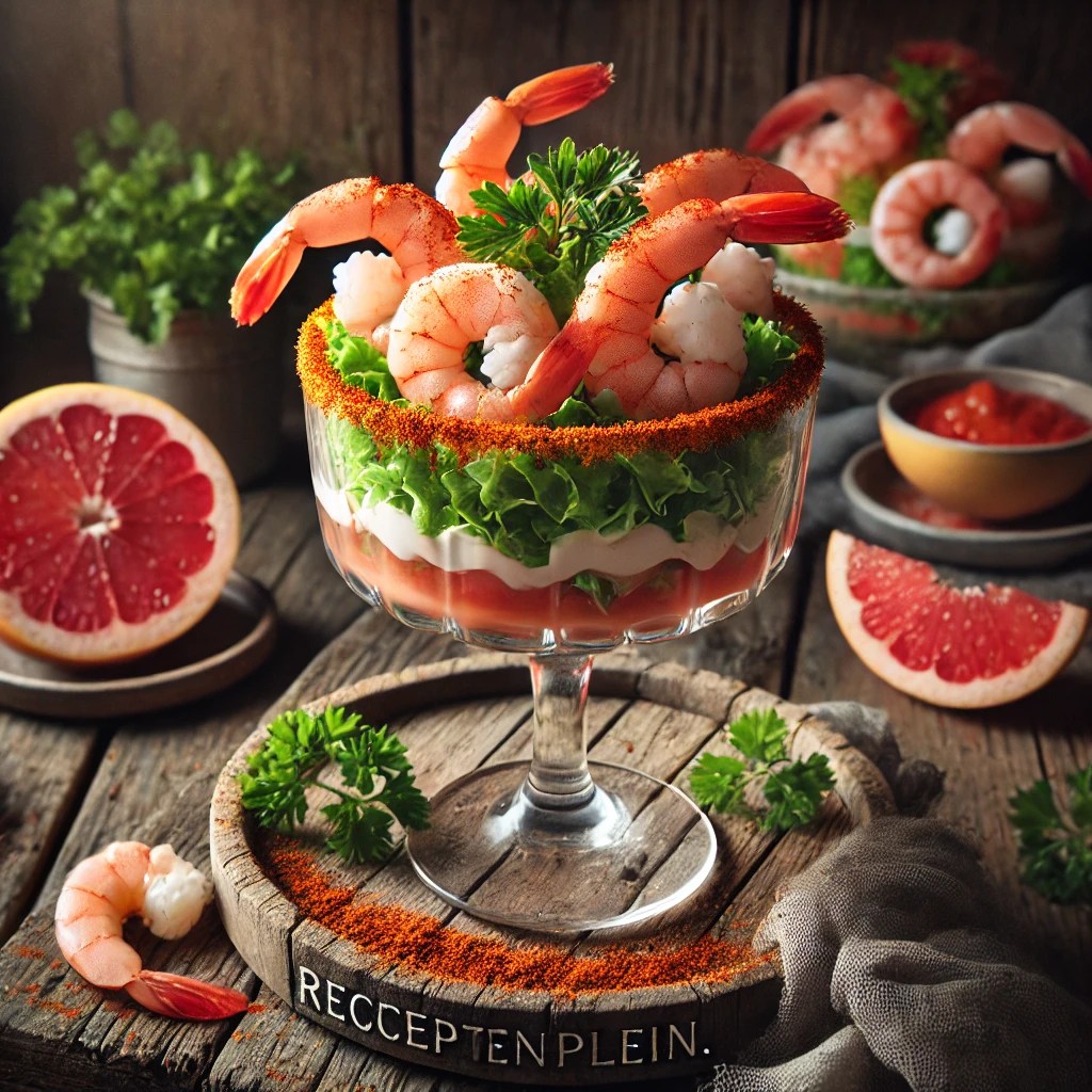 Een rustieke oude houten tafel met een elegante garnalencocktail, geserveerd in een cocktailglas. Het glas is gevuld met blaadjes sla, roze garnalen en partjes grapefruit, gegarneerd met een romige saus en peterselie. De rand van het glas is afgewerkt met paprikapoeder.