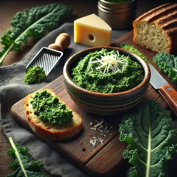 Een rustieke foodfoto van een groene boerenkoolspread met Grana Padano, geserveerd in een kommetje en op brood, met boerenkoolbladeren en een blok kaas ernaast op een houten tafel.