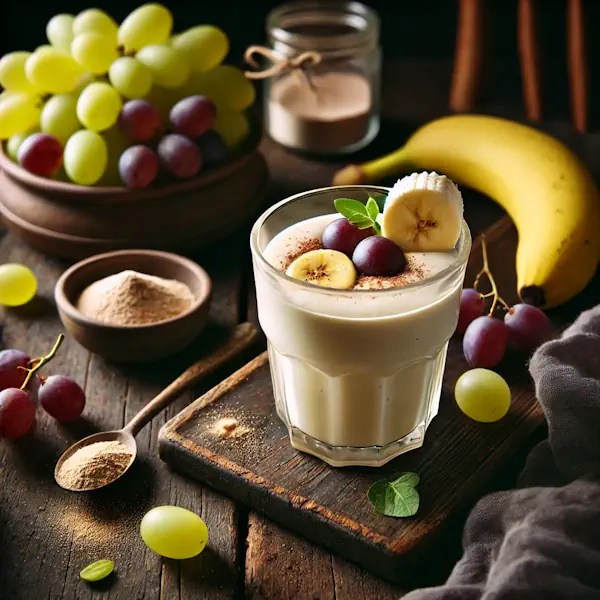 Een rustieke foodfoto van een eiwit smoothie met banaan en druiven, geserveerd in een glas op een houten tafel, gegarneerd met druiven en een plakje banaan, met een schaaltje druiven, een banaan en eiwitpoeder ernaast.