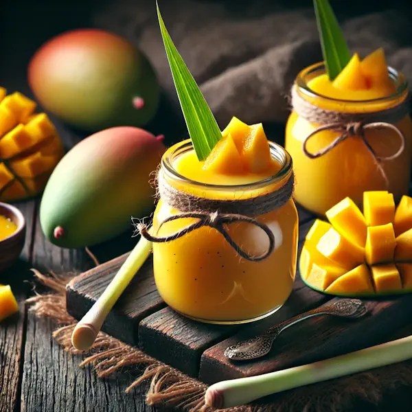Een rustieke foodfoto van exotische mangopudding met citroengras, geserveerd in kleine glazen potjes, goudgeel van kleur en gegarneerd met mangoplakjes en citroengras, op een houten tafel met mango’s en stengels citroengras eromheen.