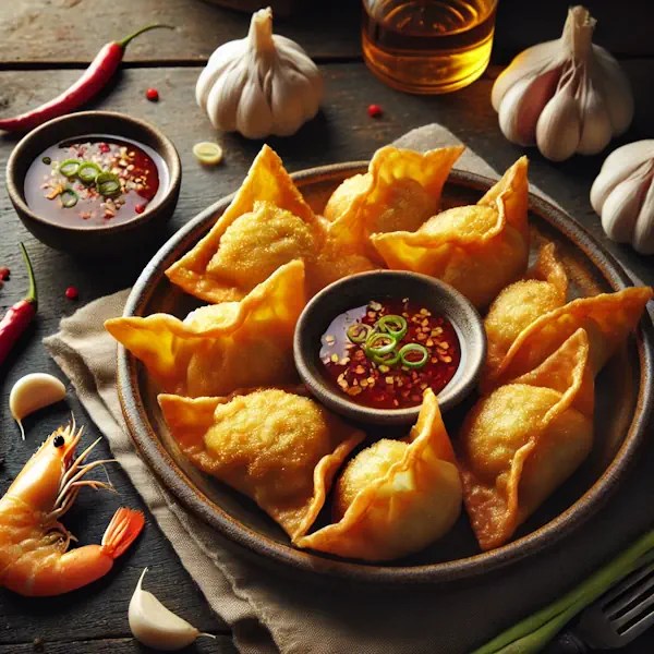 Een rustieke foodfoto van goudbruin gebakken pangsit gevuld met varkensgehakt en garnalen, geserveerd op een bord met chilidipsaus, op een houten tafel met verse garnalen, knoflook en lente-ui eromheen.