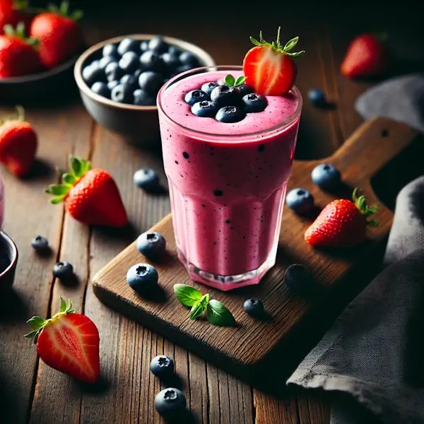 Een rustieke foodfoto van een roze smoothie gemaakt met bosbessen en aardbeien, geserveerd in een glas op een houten tafel, gegarneerd met een aardbei en blauwe bessen, met vers fruit en yoghurt eromheen.