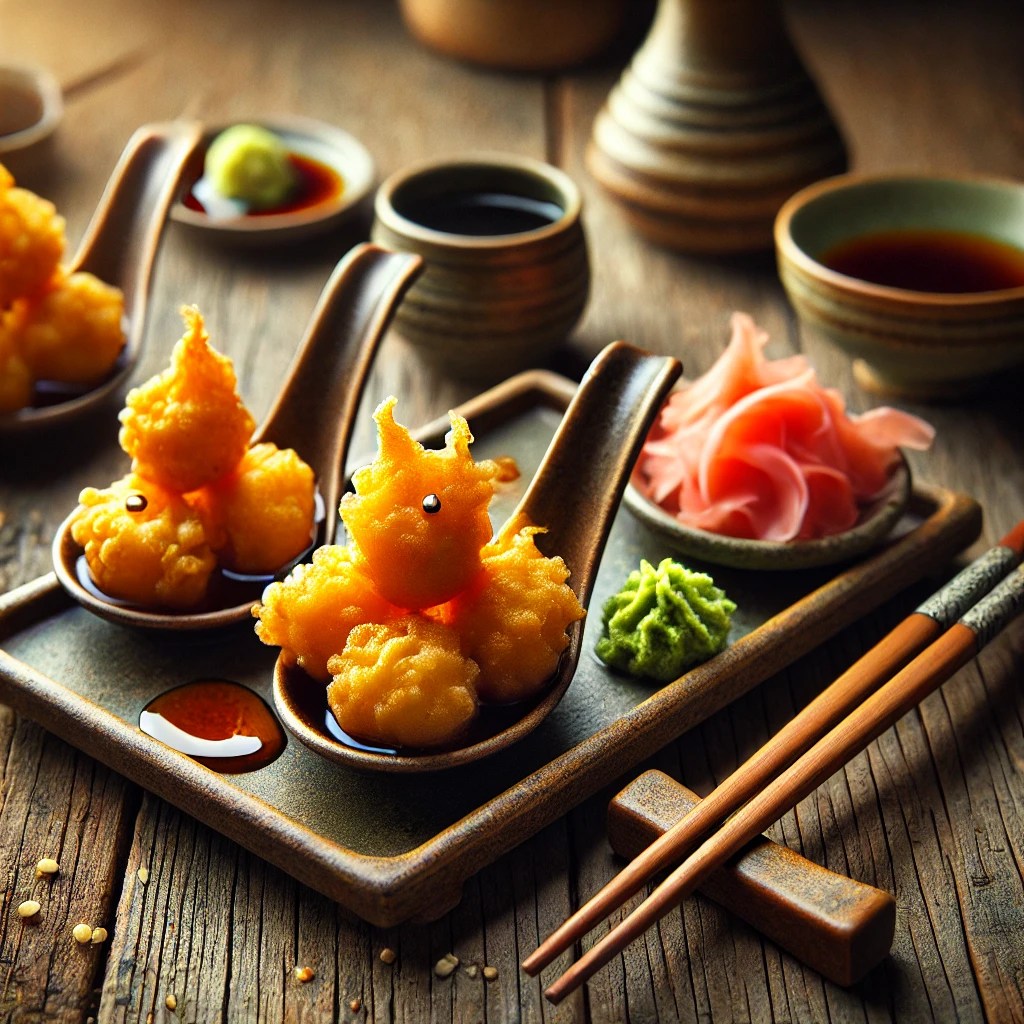 Amuse van gemarineerde en gefrituurde zalmblokjes, geserveerd op lepeltjes met een garnituur van zoetzure gember, een dotje wasabi en een schaaltje sojasaus, gepresenteerd op een rustieke houten tafel met Japanse accenten.