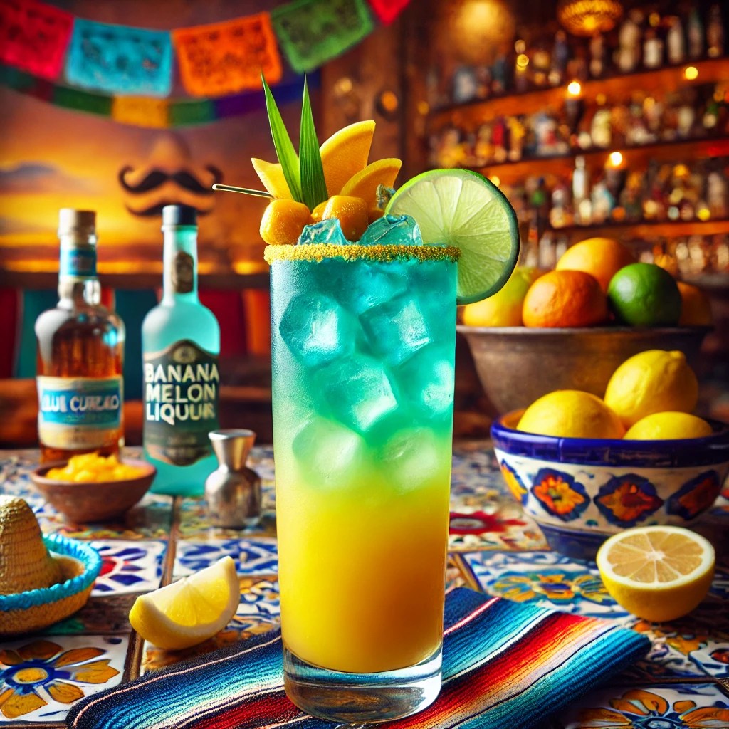 Een Mexicaans gepresenteerde cocktail genaamd 'Aqua Thunder', geserveerd in een hoog longdrinkglas. Het drankje heeft een gelaagde kleurenmix met tinten blauw, geel en groen, gemaakt van blue curaçao, bananenlikeur, meloenlikeur, citroensap en spuitwater. Het glas is gevuld met ijsblokjes en gegarneerd met een klein schijfje citroen. De tafel is versierd met kleurrijke Mexicaanse textiel, een schaal met citrusvruchten en feestelijke accenten zoals een decoratieve sombrero. De achtergrond toont een levendige Mexicaanse setting met rustieke accenten, terracottategels en warm licht. Er zijn geen teksten of etiketten zichtbaar op glazen, flessen of oppervlakken.