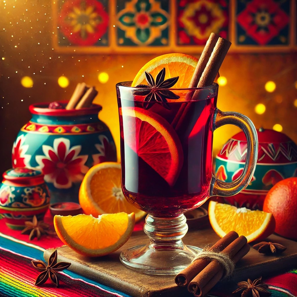 Een warme kop Glühwein geserveerd in een rustieke glazen mok, met een diepe rode kleur, gegarneerd met een kaneelstokje, een schijfje sinaasappel en een steranijs. Rondom liggen verse sinaasappelschijfjes, kaneelstokjes en kruidnagels verspreid. De achtergrond straalt een uitnodigende sfeer uit met levendige kleuren en subtiele decoratieve patronen. 🍷🍊✨