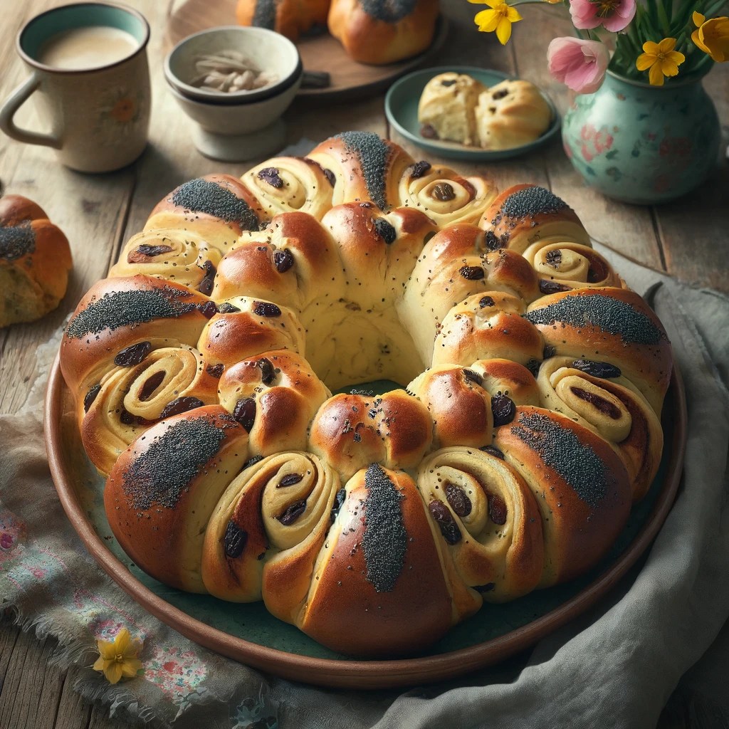 Afbreekbaar paasbrood in bloemvorm met rozijnen, amandelspijs en maanzaad, op een gekleurd bord op een rustieke houten tafel met lenteversiering