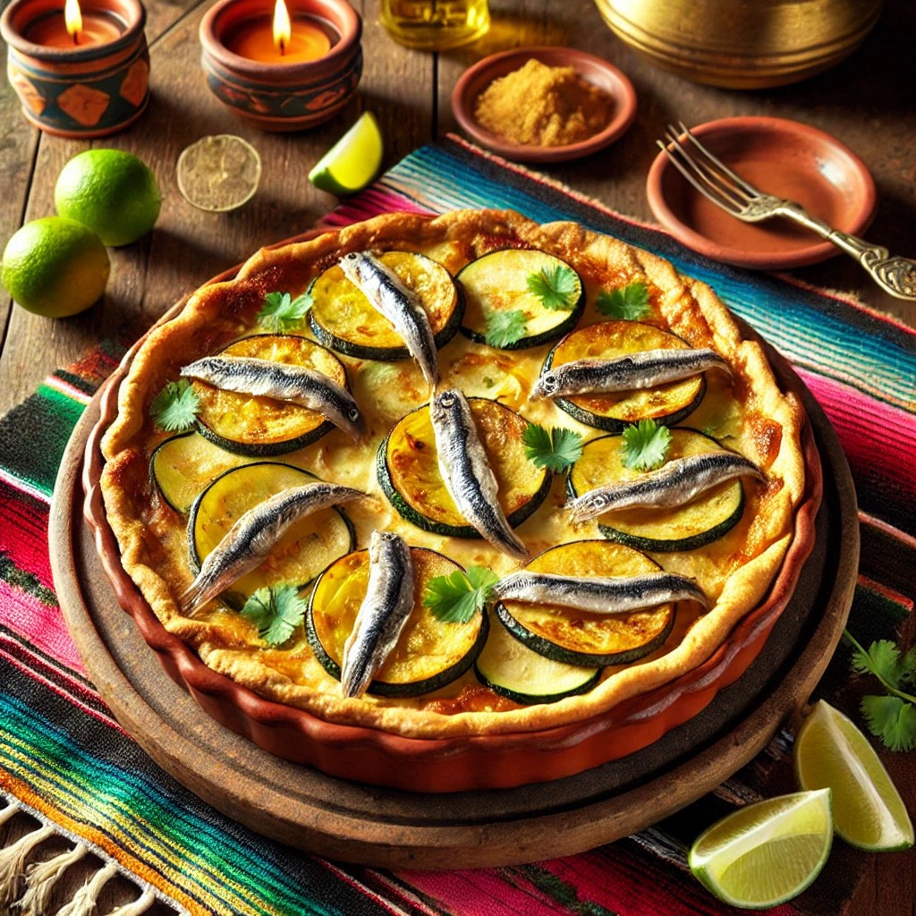 Een Mexicaans geïnspireerde presentatie van aardappel-courgettetaart met ansjovis, geserveerd in een rustieke aardewerken taartvorm. De taart heeft een goudbruine, knapperige korst en is gevuld met lagen dun gesneden aardappelen, courgette en hartige ansjovis, bedekt met gesmolten kaas. Het gerecht is gegarneerd met verse koriander en partjes limoen. De setting is aangekleed met kleurrijke Mexicaanse textielpatronen, een houten tafel en warm sfeervol licht, wat zorgt voor een uitnodigende eetervaring. 🌶️🥔✨