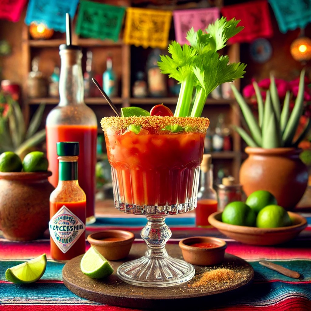 Een levendige cocktail genaamd 'Bloody Mary', bereid met tequila, tomatensap, Worcestershire-saus, Tabasco, selderijzout en gegarneerd met een stengel bleekselderij. De cocktail wordt geserveerd in een cocktailglas met een gezouten rand, gemaakt door de glasrand in citroensap en zout te dopen. De tafel is gedecoreerd met kleurrijke Mexicaanse textiel, een kleine kleikom met verse limoenen en feestelijke accenten. De achtergrond toont een levendige Mexicaanse setting met rustieke houten accenten, terracottategels en warm natuurlijk licht. Er zijn geen teksten of etiketten zichtbaar op glazen, flessen of oppervlakken.