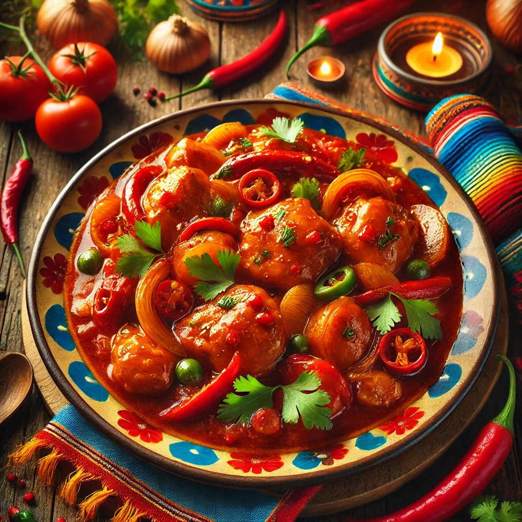 Ajam Ketjap, malse kipstukken gesmoord in een rijke ketjapsaus met tomaten, uien, knoflook en pepers, gegarneerd met verse koriander en rode chili. Een smaakvol Indonesisch gerecht met een diep gekruide saus, perfect geserveerd met rijst.