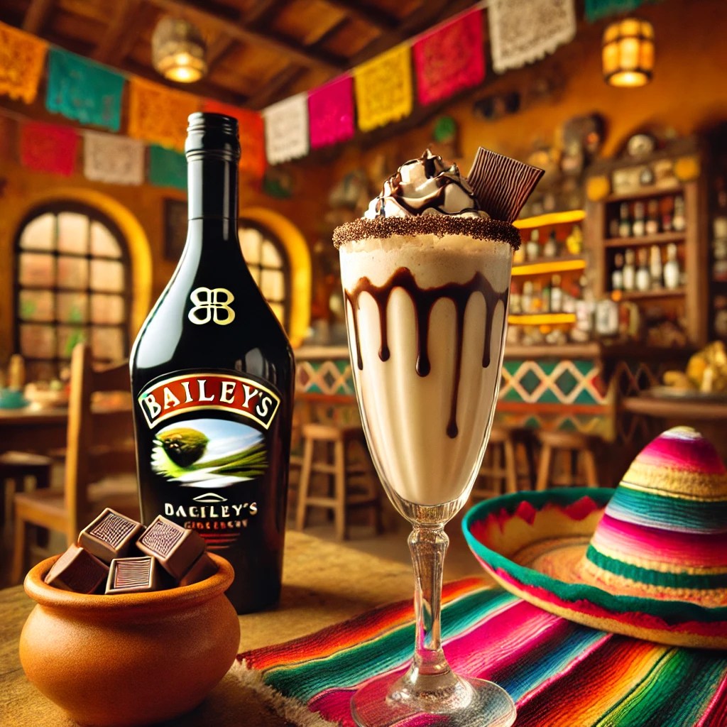 Een Mexicaans gepresenteerde 'Bailey's Shake', geserveerd in een champagneflute. De romige milkshake heeft een lichte bruine kleur en een gladde textuur, gemaakt van Baileys, chocoladesiroop, melk en vanille-ijs. Het drankje is gegarneerd met een swirl van chocoladesiroop bovenop. De tafel is gedecoreerd met kleurrijke Mexicaanse textiel, een kleine kleikom met chocoladestukjes en feestelijke accenten zoals een decoratieve sombrero. De achtergrond toont een warme Mexicaanse keuken met rustieke houten accenten, terracottategels en vrolijke decoraties. Er is geen tekst of label zichtbaar op glazen, flessen of andere oppervlakken.