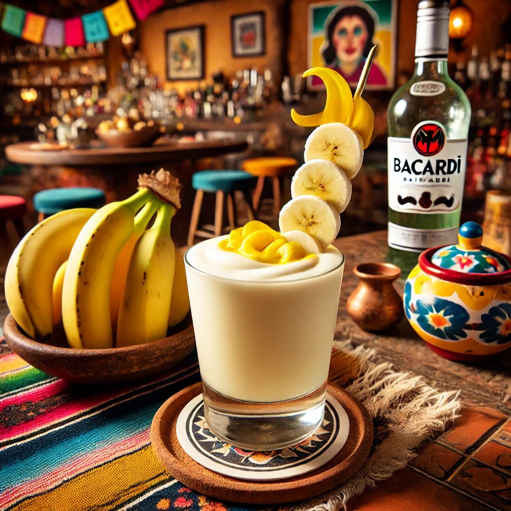 Een Mexicaans gepresenteerde cocktail genaamd 'Banana Daiquiri', geserveerd in een klassiek cocktailglas. Het drankje heeft een romige lichtgele kleur en een gladde textuur, gemaakt van witte Bacardi, citroensap, suikerwater en banaan. Het glas is gegarneerd met een decoratief prikkertje met een schijfje banaan en citroen. De tafel is versierd met kleurrijke Mexicaanse textiel, een kleine kleikom met bananen en feestelijke accenten. De achtergrond toont een levendige Mexicaanse setting met rustieke houten accenten, terracottategels en warm natuurlijk licht. Er is geen tekst of label zichtbaar op glazen, flessen of oppervlakken.