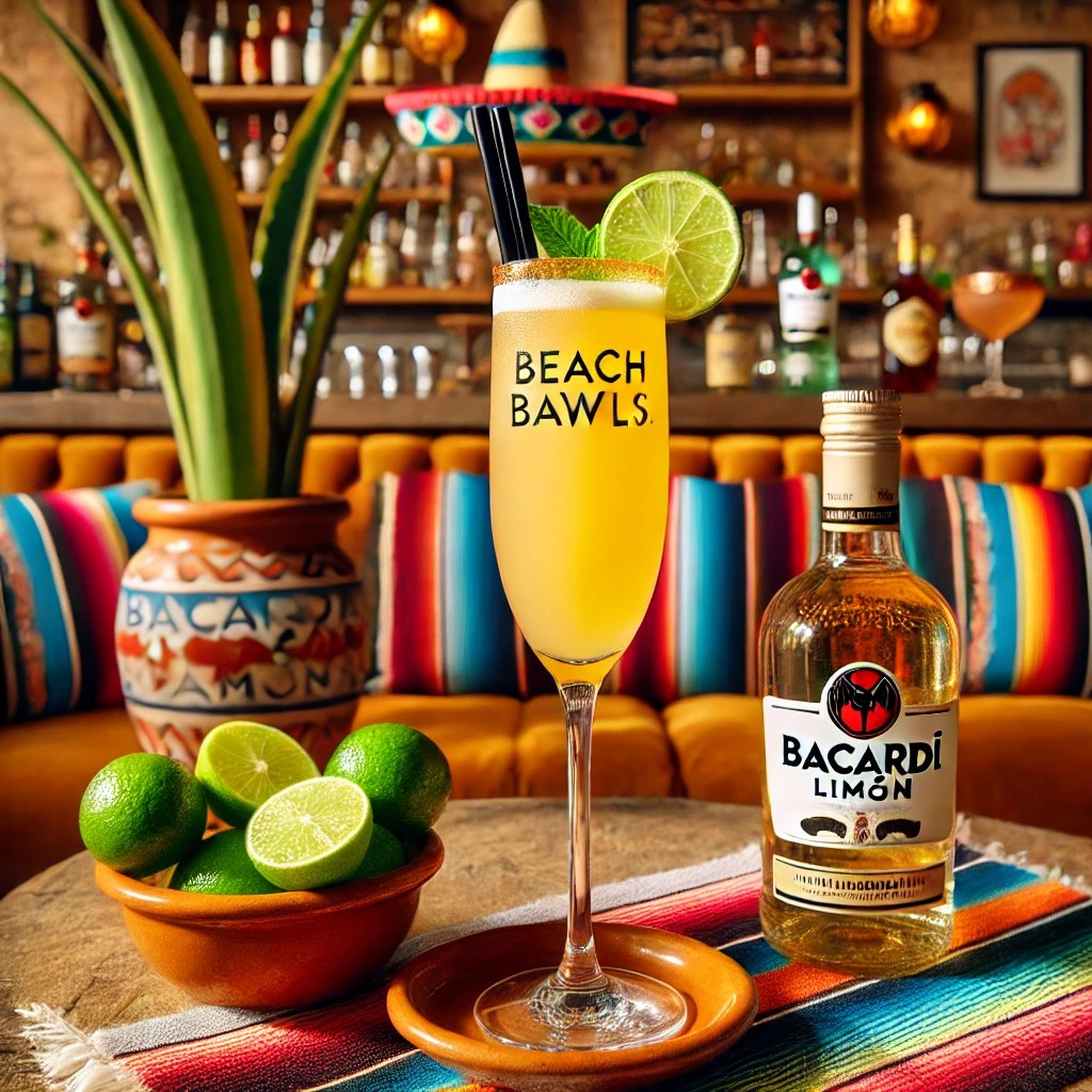 Een zomerse cocktail genaamd 'Beach Bawls', geserveerd in een hoog flute-glas met een lichte gouden tint. Het drankje is gemaakt van Bacardi Limón en energiedrank, gegarneerd met een schijfje verse limoen en een zwart rietje. De tafel is gedecoreerd met kleurrijke Mexicaanse textiel, een kleine kleikom met limoenen en feestelijke accenten zoals een decoratieve sombrero. De achtergrond toont een levendige Mexicaanse setting met rustieke houten accenten, terracottategels en warm natuurlijk licht. Er zijn geen teksten of etiketten zichtbaar op glazen, flessen of oppervlakken.