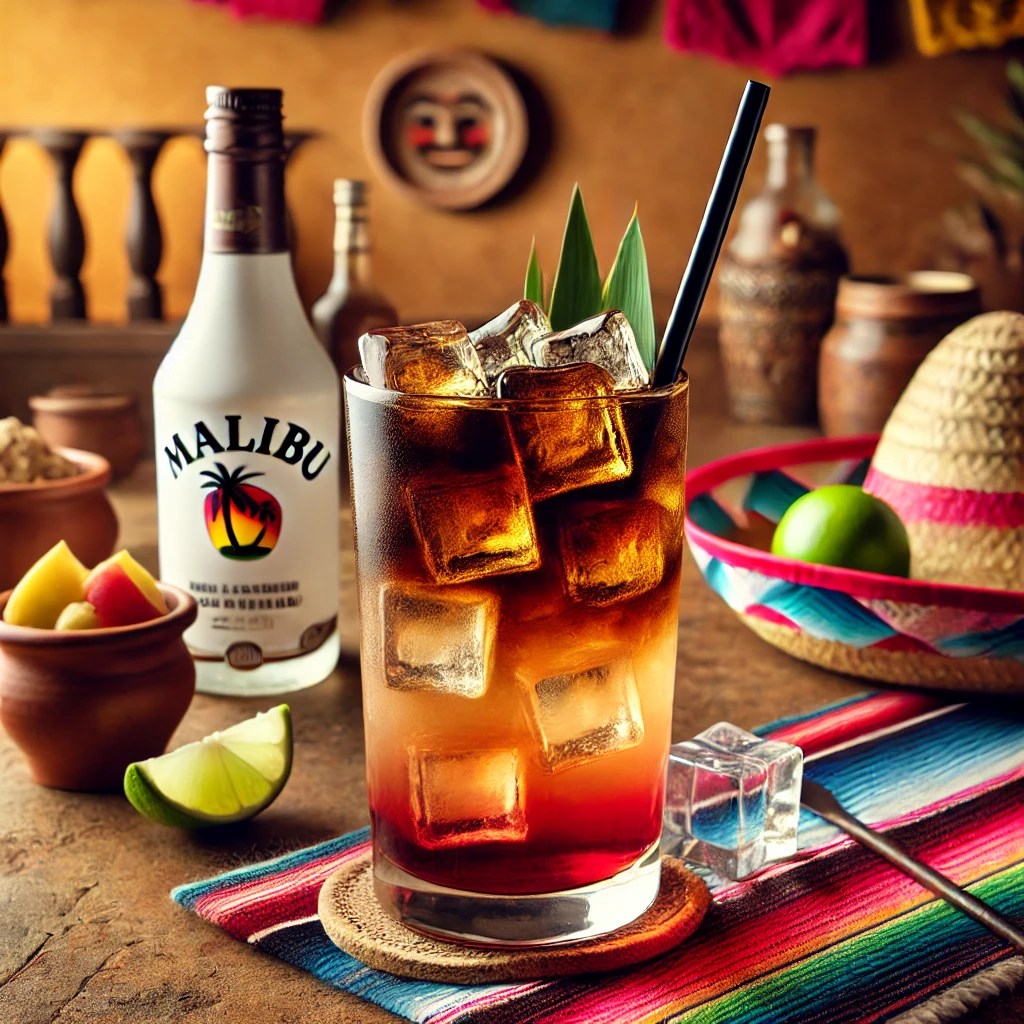 Een tropische cocktail genaamd 'Black Pearl', geserveerd in een hoog longdrinkglas gevuld met ijsblokjes. Het drankje heeft een gelaagde kleur met tinten rood, donkerbruin en licht amber, gemaakt van Malibu, Flügel en cola. Het glas is gegarneerd met een slank zwart rietje. De tafel is gedecoreerd met kleurrijke Mexicaanse textiel, een kleine kleikom met tropisch fruit en feestelijke accenten zoals een decoratieve sombrero. De achtergrond toont een levendige Mexicaanse setting met rustieke houten accenten, terracottategels en warm natuurlijk licht. Er zijn geen teksten of etiketten zichtbaar op glazen, flessen of oppervlakken.
