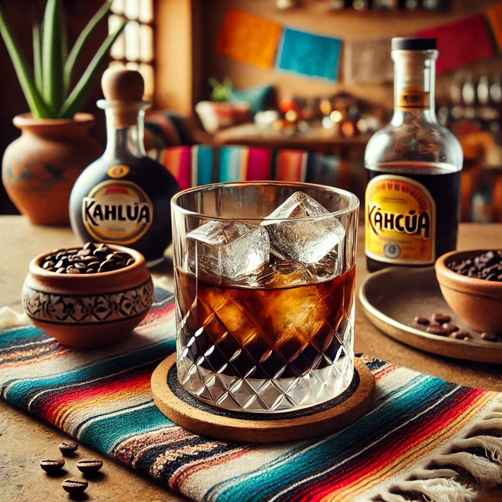 Een klassieke cocktail genaamd 'Black Russian', geserveerd in een whiskeyglas met ijsblokjes. Het drankje heeft een diepe, rijke bruine kleur, gemaakt van wodka en Kahlua. De presentatie is minimalistisch en elegant, zonder zichtbare teksten of labels op glazen, flessen of andere objecten. De tafel is gedecoreerd met kleurrijke Mexicaanse textiel, een kleine kleikom met koffiebonen en feestelijke accenten. De achtergrond toont een gezellige Mexicaanse setting met rustieke houten accenten, terracottategels en warm natuurlijk licht.