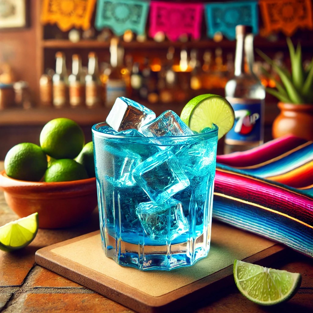 Een cocktail genaamd 'Blue Limes', geserveerd in een klassiek whiskeyglas met een opvallende blauwe kleur. Het drankje is gemaakt van blauwe wodka en 7-Up, geserveerd over drie ijsblokjes. De presentatie is minimalistisch, waarbij de levendige kleur van het drankje centraal staat. De tafel is gedecoreerd met kleurrijke Mexicaanse textiel, een kleine kleikom met limoenen en feestelijke accenten. De achtergrond toont een levendige Mexicaanse setting met rustieke houten accenten, terracottategels en warm natuurlijk licht. Er zijn geen teksten of etiketten zichtbaar op glazen, flessen of oppervlakken.