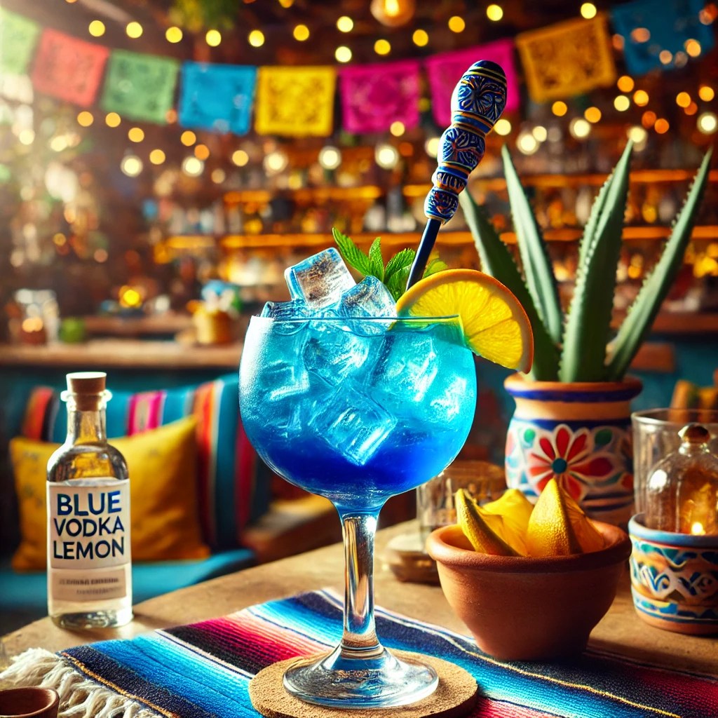 Een levendige cocktail genaamd 'Blue Mystery', geserveerd in een breed uitlopend longdrinkglas. Het drankje heeft een opvallende blauwe kleur, gemaakt van blauwe wodka en bitter lemon, en wordt geserveerd met ijsblokjes. In het glas bevindt zich een decoratief roerstaafje. De tafel is gedecoreerd met kleurrijke Mexicaanse textiel, een kleine kleikom met citrusvruchten en feestelijke accenten. De achtergrond toont een levendige Mexicaanse setting met rustieke houten accenten, terracottategels en warm natuurlijk licht. Er zijn geen teksten of etiketten zichtbaar op glazen, flessen of oppervlakken.