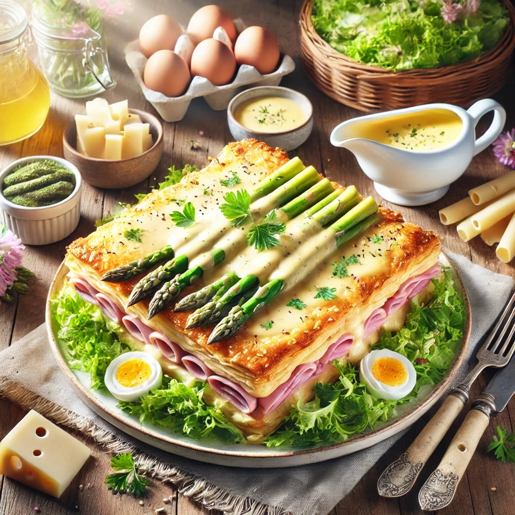 Lentegerecht van bladerdeeg gevuld met witte asperges, beenham en hollandaisesaus, gegarneerd met oude kaas, peterselie, frisée en kwartjes ei, geserveerd op een houten tafel.