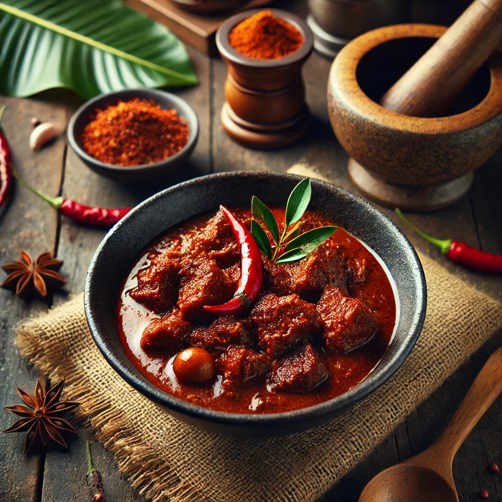 Een bord met Babi Rendang: gestoofd varkensvlees in kruidige kokossaus, geserveerd in een donkere schaal met rode chili als garnering. Rustiek Indonesisch tafereel op houten ondergrond.