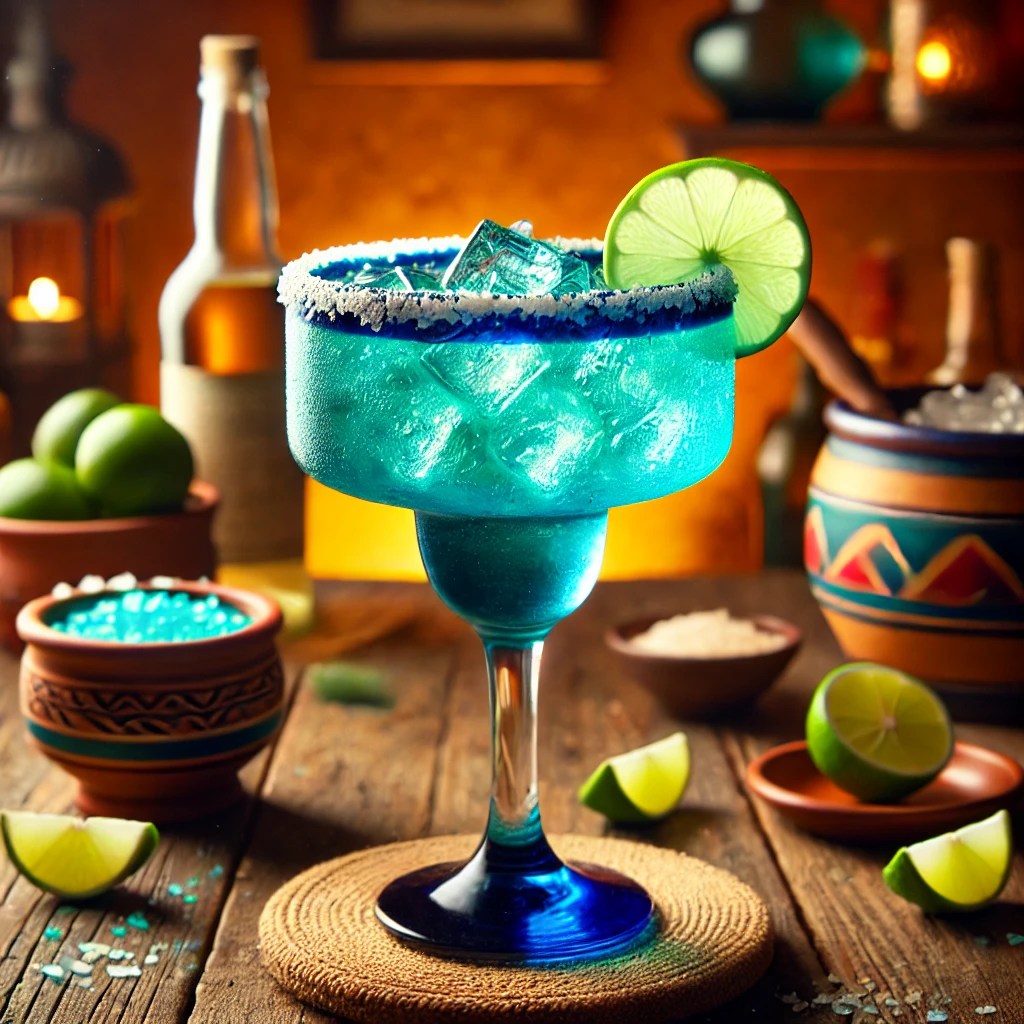 Een kleurrijke Electric Margarita-cocktail, geserveerd in een traditioneel margaritaglas met een gezouten rand, gegarneerd met een schijfje limoen, tegen een sfeervolle Mexicaanse achtergrond.