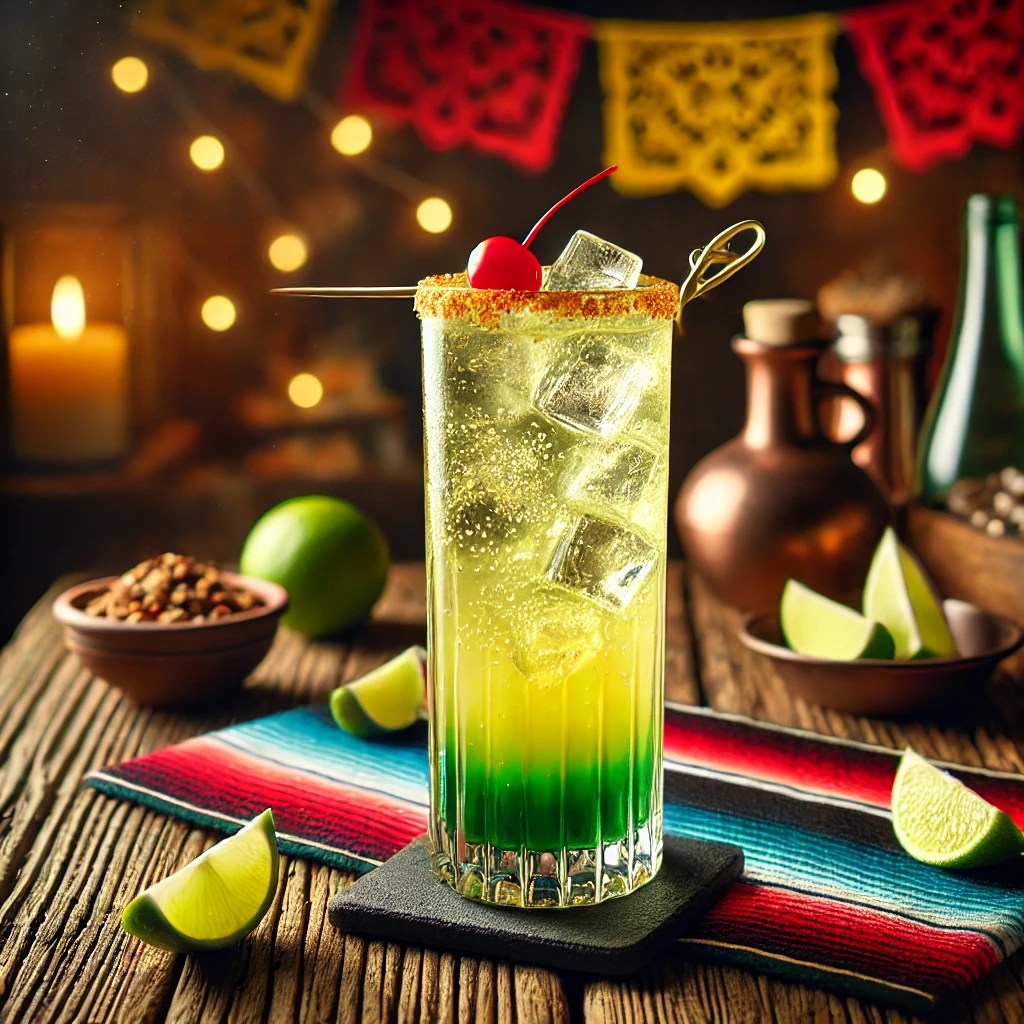 Een sfeervolle presentatie van een Born to be Wild cocktail, geserveerd in een hoog longdrinkglas met een levendige groen-gele kleur. De cocktail bevat sprankelende bubbels van 7-Up en ijsblokjes. Het glas is gegarneerd met een felrode cocktailkers op een elegante prikker. De setting is aangekleed met kleurrijke Mexicaanse textielpatronen, verspreide limoenpartjes en warme sfeerverlichting. 🍹✨🌿