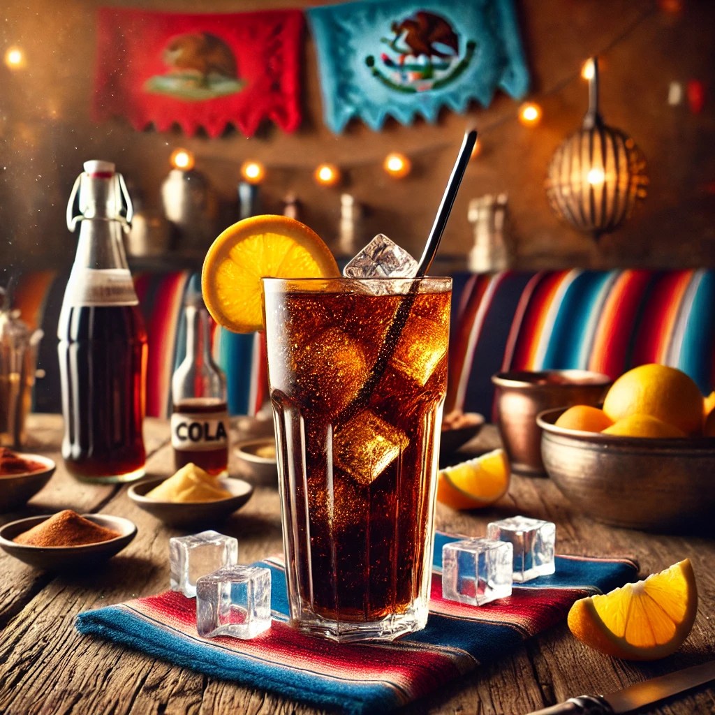 Een sfeervolle presentatie van een California Root Beer cocktail, geserveerd in een hoog longdrinkglas gevuld met ijsblokjes. De cocktail heeft een rijke, donkerbruine kleur en een licht bruisende textuur. Het glas is gegarneerd met een glazen roerstaafje en een elegant rietje. De setting is aangekleed met kleurrijke Mexicaanse textielpatronen, citruspartjes en warme sfeerverlichting. 🍹✨🌵