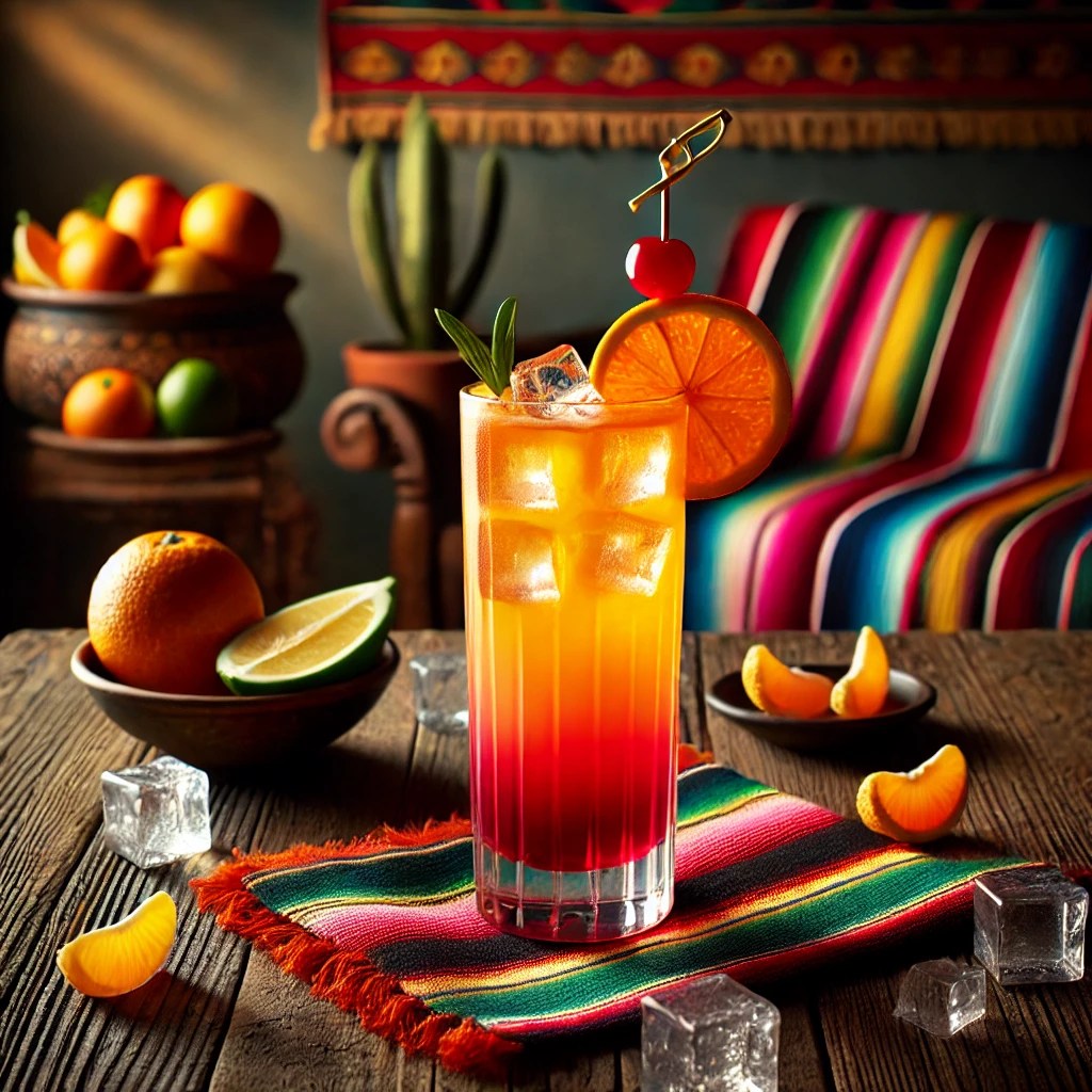 Een sfeervolle presentatie van een Capri-cocktail, geserveerd in een lang, elegant longdrinkglas. De cocktail toont een levendig kleurverloop van oranje naar rood, met ijsblokjes die de frisheid benadrukken. Het glas is gegarneerd met een schijfje mandarijn, een krul van mandarijnenschil en een felrode cocktailkers. De setting is aangekleed met kleurrijke Mexicaanse textielpatronen, citruspartjes en warme sfeerverlichting. 🍊🍒✨