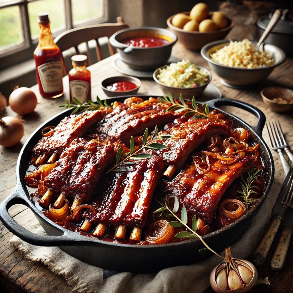 Malse Engelse ribbetjes in zoetzure saus met uien en laurier, geserveerd in een gietijzeren pan op een rustieke houten tafel
