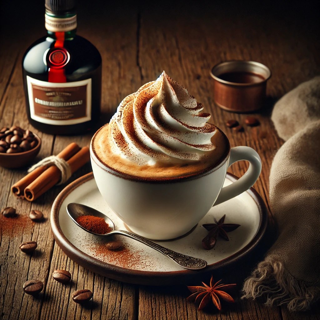 French Coffee in een wit koffiekopje, een warme mix van Grand Marnier en koffie, gegarneerd met een royale toef slagroom en een vleugje cacaopoeder, gepresenteerd op een rustieke houten tafel met koffiebonen en een klein lepeltje.