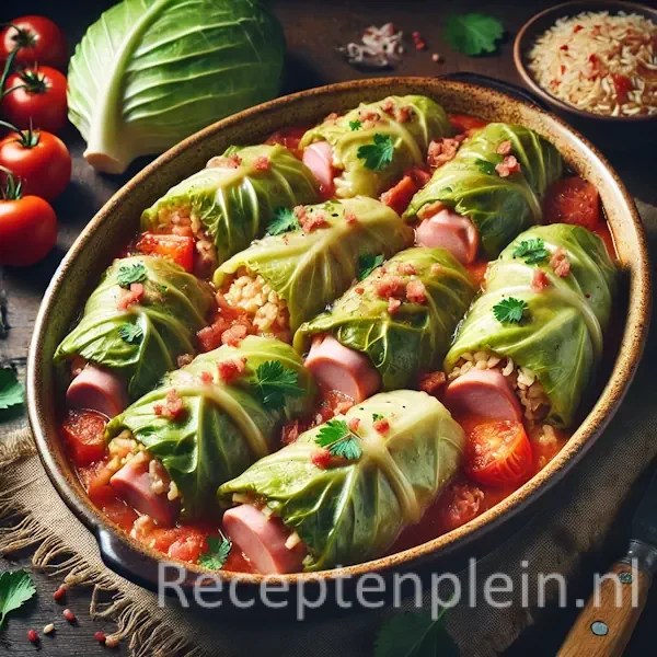 Een rustieke foodfoto van koolrolletjes gevuld met rijst en ham, gebakken in een lichte tomatensaus en gegarneerd met peterselie, geserveerd in een ovenschaal op een donkere houten tafel met koolbladeren, rijst en ham eromheen.