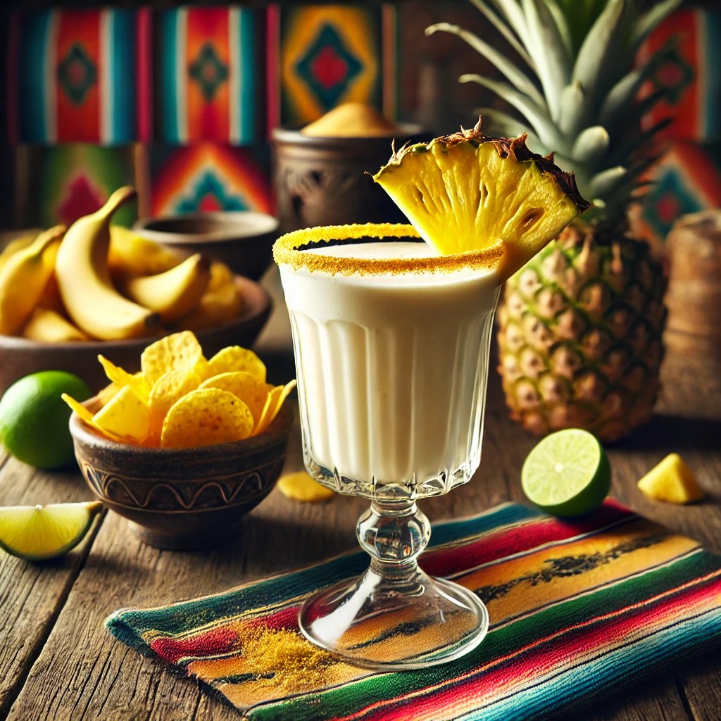 Een stijlvol gepresenteerde Elephant Milk cocktail, geserveerd in een elegant glas op een rustieke houten tafel. De romige, lichtgele drank is gegarneerd met een verse ananasschijf en subtiel bestrooid met een vleugje milde kerriepoeder. Naast het glas liggen enkele bananenchips. De setting is sfeervol aangekleed met kleurrijke decoratieve patronen, tropische fruitschijfjes en warm sfeervol licht. 🍍🥥✨
