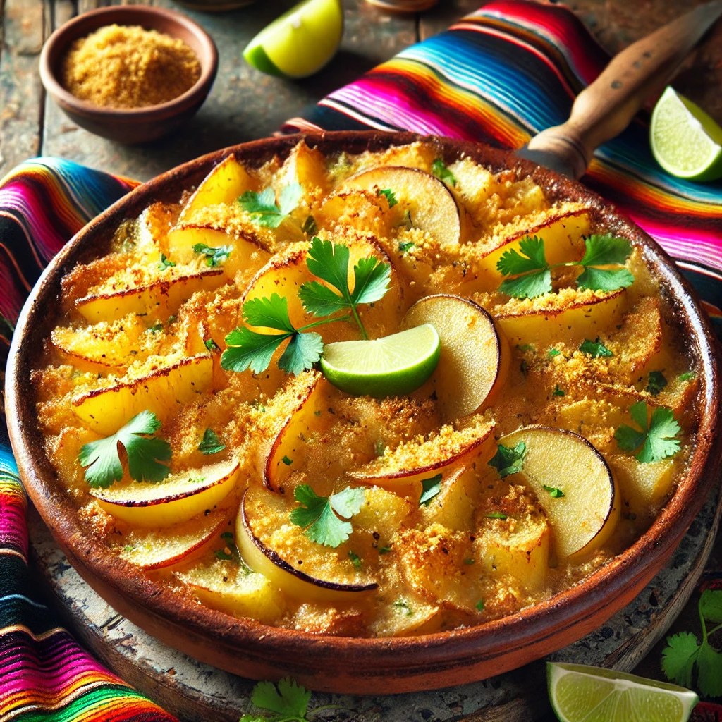 Een Mexicaans geïnspireerde presentatie van aardappel-appelgratin, geserveerd in een rustieke aardewerken ovenschaal. De goudbruine, knapperige bovenlaag is bestrooid met paneermeel, terwijl de lagen van zachte aardappelschijfjes en appelstukjes subtiel zichtbaar zijn. De schotel is gegarneerd met verse koriander en partjes limoen. De setting bevat kleurrijke Mexicaanse textielpatronen, een houten tafel en warm, sfeervol licht, wat zorgt voor een uitnodigende eetervaring. 🥔🍏✨