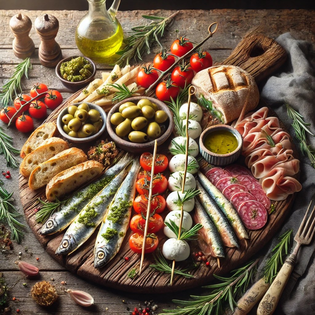Antipasti Feestplank op een rustiek houten bord met mozzarellaspiesjes, Parmaham, mortadella, sardinefilets met olijven, gemarineerde artisjokharten, en knapperig ciabattabrood, omlijst door rozemarijntakjes en een schaaltje olijfolie.