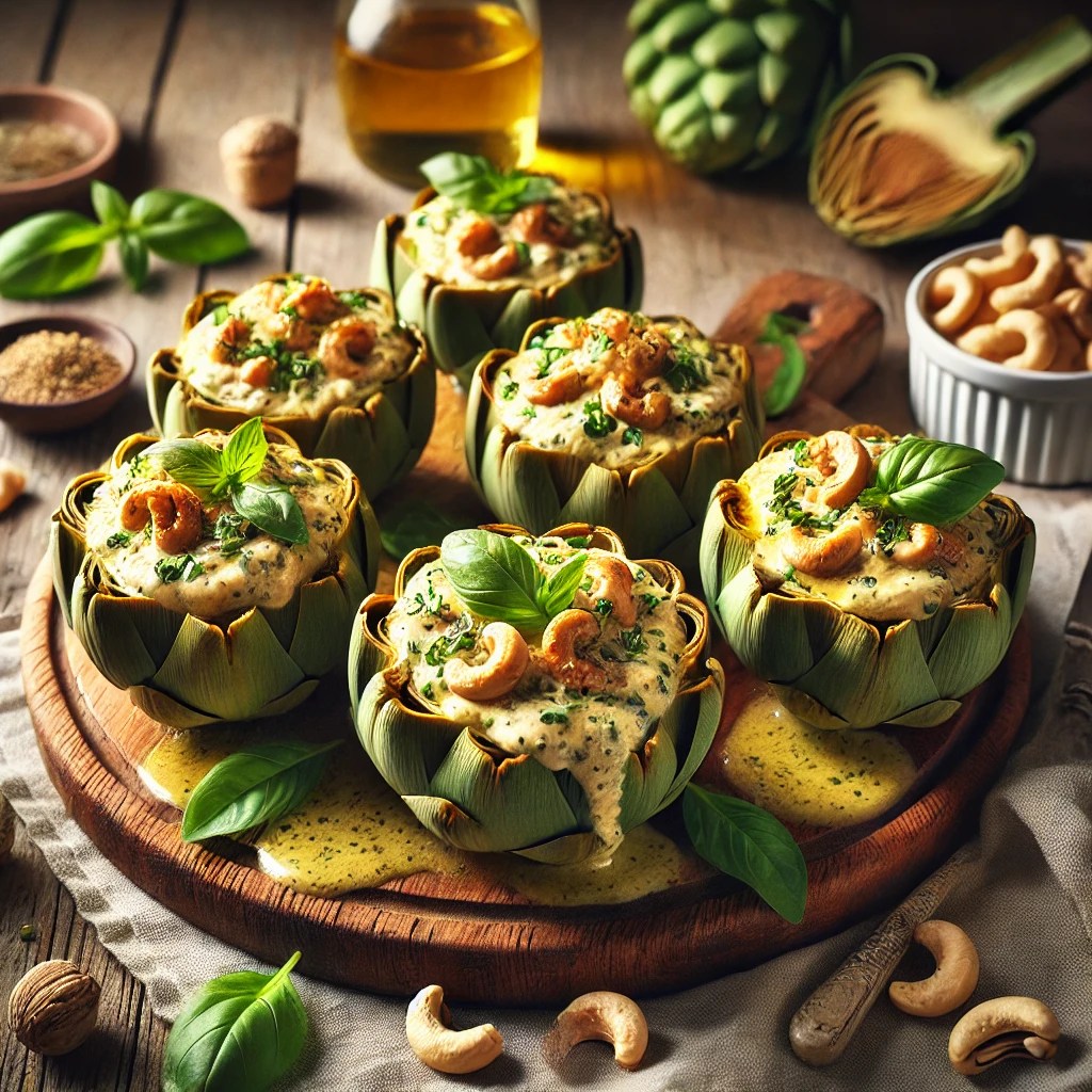 Artisjokbodems gevuld met warme basilicumdressing en geroosterde cashewnoten, geserveerd op een rustieke houten schaal, afgewerkt met verse basilicumblaadjes en citroenrasp.