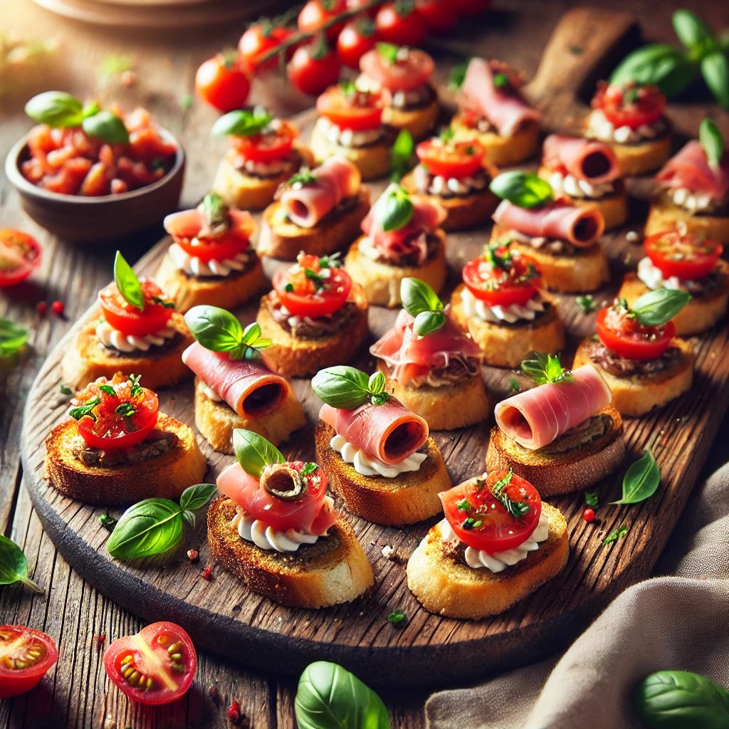Canapés met Parmaham, Tomaat en Basilicum