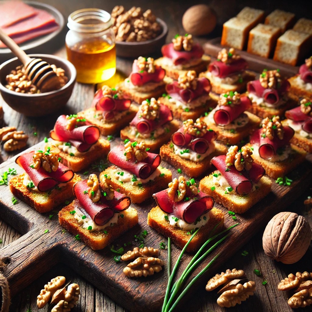 Canapés met vierkant geroosterd brood, besmeerd met een walnoot-honingcrème, belegd met rookvlees en bestrooid met fijngesneden bieslook, gepresenteerd op een houten plank met decoratie van walnoten en een honingdrizzle.
