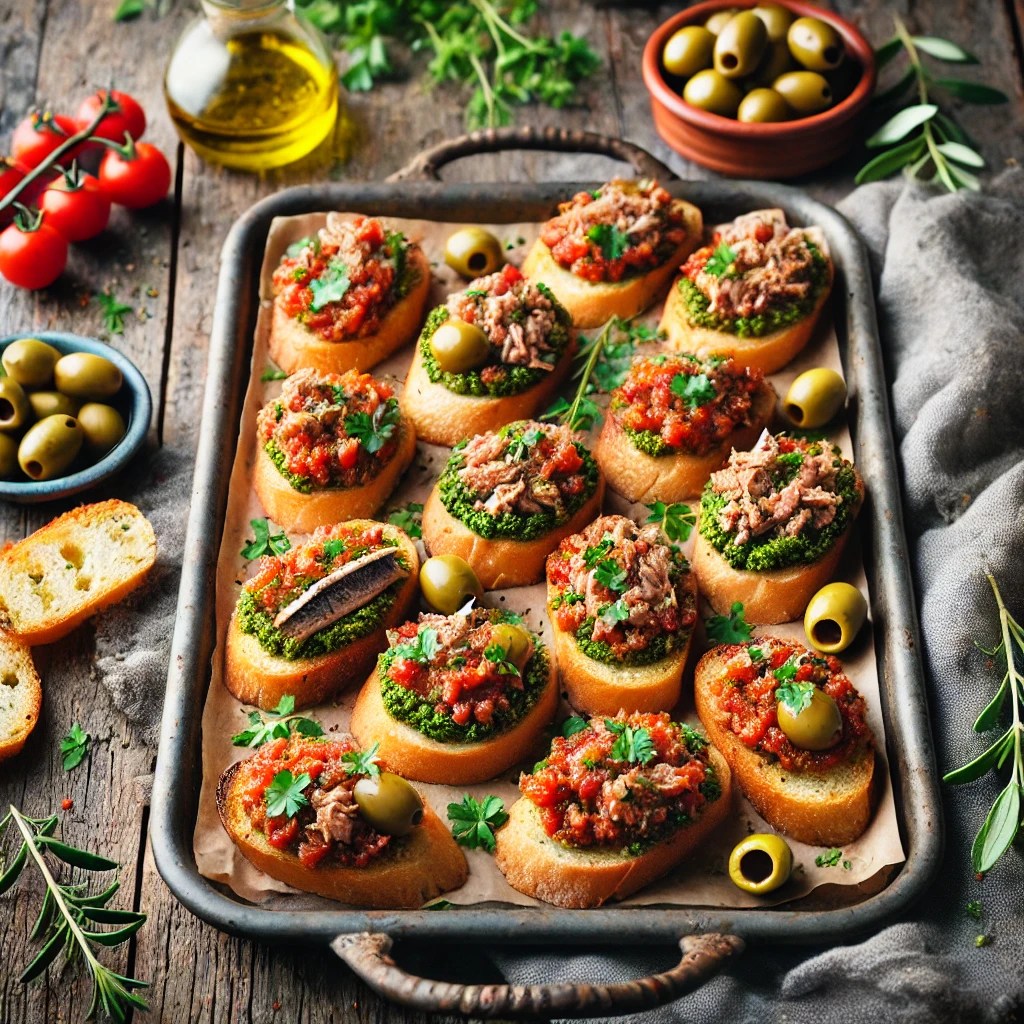 Crostini met vistapenade van groene olijven, tonijn, ansjovis en Provençaalse kruiden, geserveerd op een rustieke houten tafel, versierd met olijven, verse kruiden en een schaaltje tapenade.