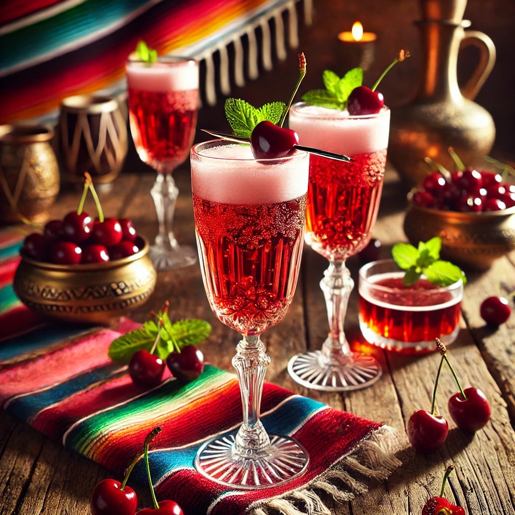 Een elegante presentatie van een Cerisier cocktail, geserveerd in stijlvolle champagneglazen op een rustieke houten tafel. De drank heeft een diepe rode kleur met een romige schuimkraag, afkomstig van cherrylikeur en kriekenbier. Elk glas is gegarneerd met een verse kers en een takje munt. De setting straalt warmte uit met natuurlijke lichte accenten en een uitnodigende sfeer. 🍒🥂✨