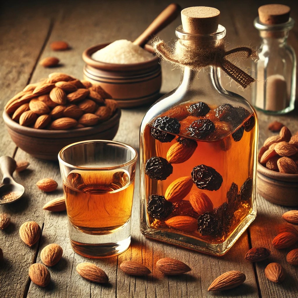 Zelfgemaakte amandellikeur met rozijnen in een glazen fles, gevuld met amberkleurige drank en zichtbaar hele amandelen en rozijnen op de bodem, geserveerd met een glaasje op een houten tafel, omringd door losse amandelen, rozijnen en suiker.