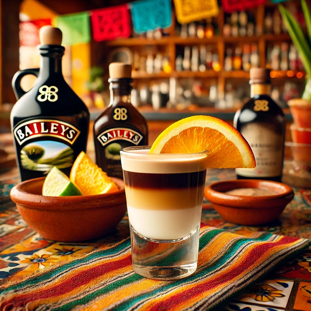 Een Mexicaans gepresenteerde 'B52'-cocktail als shooter, geserveerd in een klein en elegant shotglas. De cocktail heeft drie duidelijke lagen: Baileys, sinaasappellikeur en donkere Crème de Cacao, met een vloeiende overgang van beige naar donkerbruin. Het glas is gegarneerd met een klein vers schijfje sinaasappel op de rand. De tafel is versierd met kleurrijke Mexicaanse textiel, een kleine kleikom met citrusplakjes en feestelijke accenten. De achtergrond toont een levendige Mexicaanse keuken met rustieke houten accenten, terracottategels en warm natuurlijk licht. Er is geen tekst of label zichtbaar op glazen, flessen of oppervlakken.