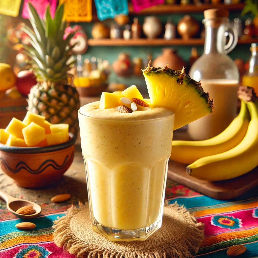 Een Mexicaans gepresenteerde smoothie genaamd 'Bananarama', geserveerd in een hoog glas met een romige gele kleur. Het drankje is gemaakt van banaan, ananassap, amandelsiroop en gecrusht ijs, tot een gladde consistentie gemixt. Het glas is gegarneerd met een schijfje verse banaan en een stukje ananas op de rand. De tafel is versierd met kleurrijke Mexicaanse textiel, een kleine kleikom met tropisch fruit en feestelijke accenten. De achtergrond toont een zonnige Mexicaanse setting met rustieke houten accenten, terracottategels en warm natuurlijk licht. Er zijn geen teksten of etiketten zichtbaar op glazen, flessen of oppervlakken.