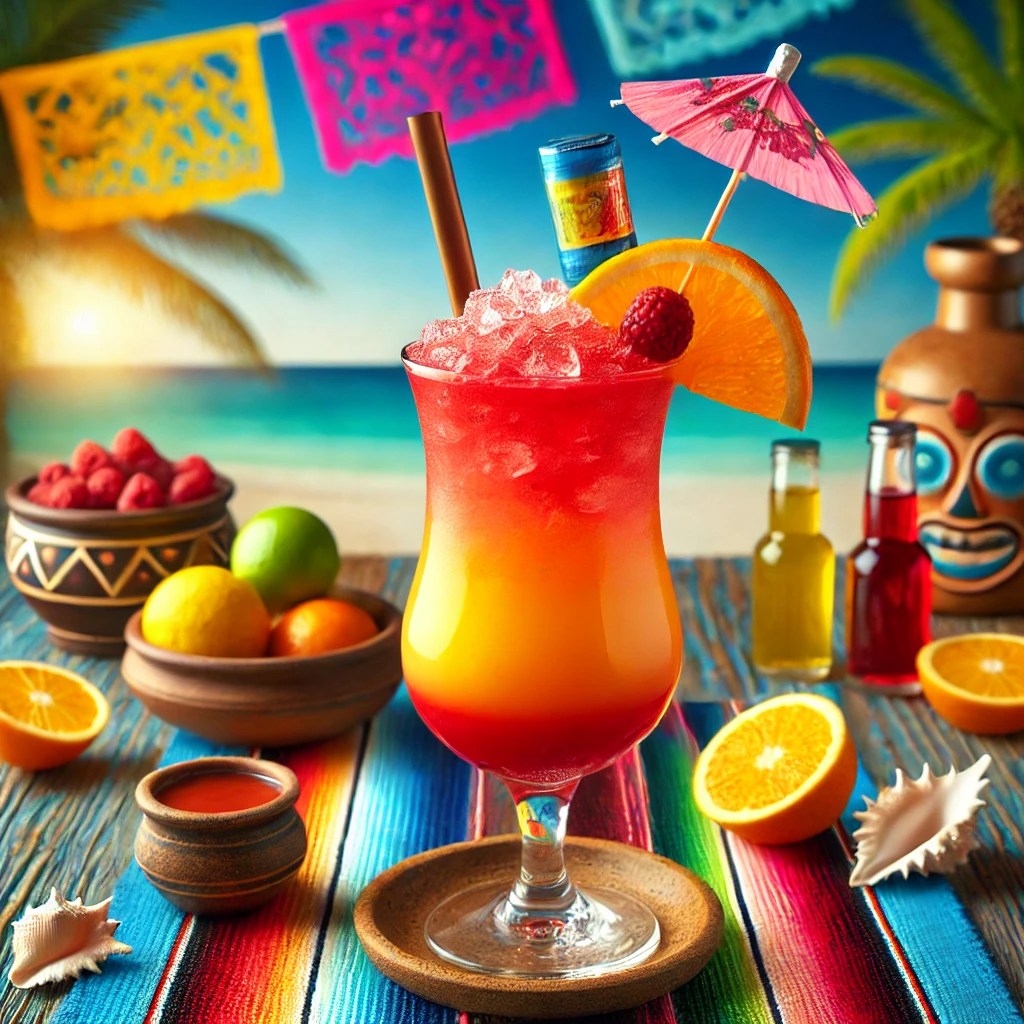 Een levendige en sportieve cocktail genaamd 'Beach Boy', geserveerd in een hoog glas met een kleurverloop van rood naar oranje, gemaakt van frambozensap, sinaasappelsap, citroensap en energiedrank. Het drankje is gemixt met gecrusht ijs en gegarneerd met een kleurrijk cocktailparapluutje. De tafel is gedecoreerd met tropische elementen zoals kleurrijke Mexicaanse textiel, schelpen en een kleine kleikom met citrusvruchten. De achtergrond toont een levendige en zonnige Mexicaanse strandsetting met natuurlijke houten accenten en helder licht. Er is geen tekst of label zichtbaar op glazen, flessen of oppervlakken.