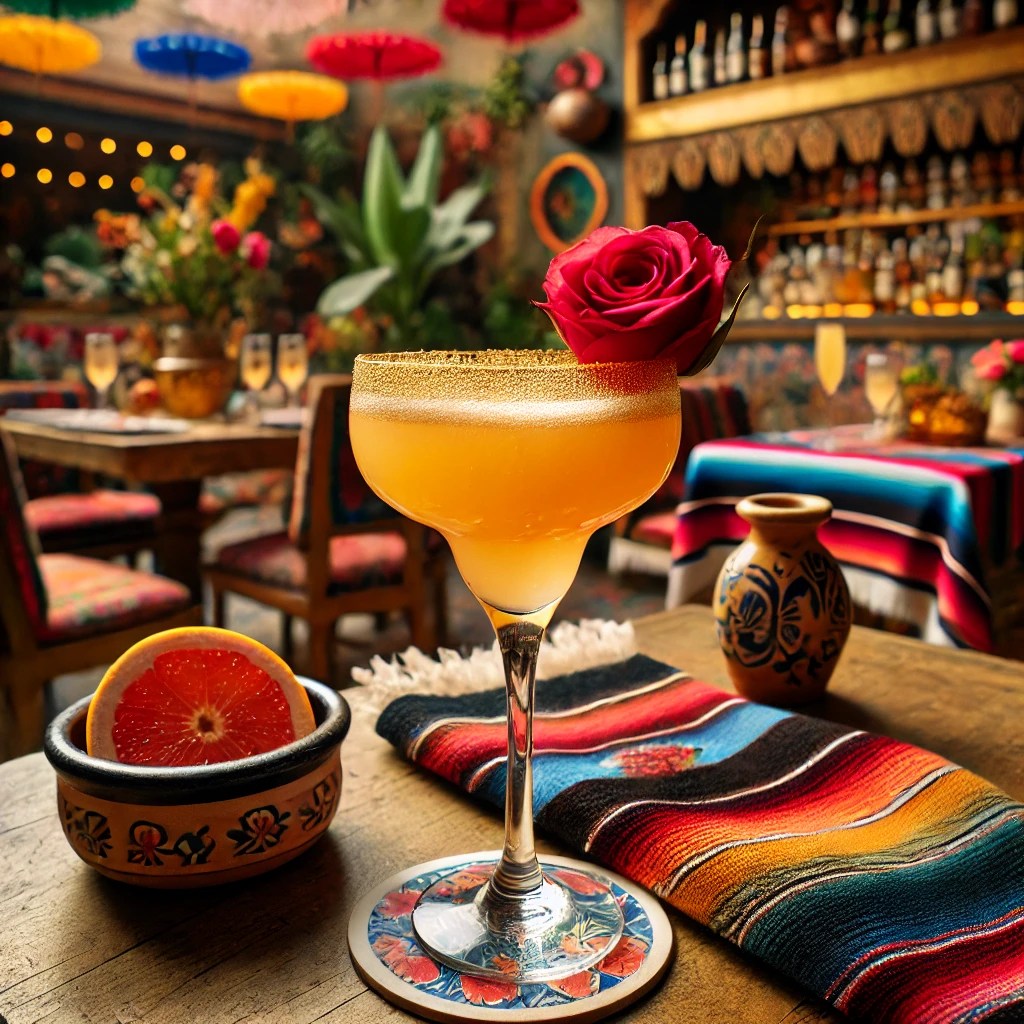 Een elegante cocktail genaamd 'Black Mischief', geserveerd in een champagneflute met een lichte gouden tint. Het drankje is gemaakt van Mandarine Napoleon, grapefruitsap en cava of mousserende wijn. Het glas is delicaat gegarneerd met een klein rood roosje op de rand. De tafel is versierd met kleurrijke Mexicaanse textiel, een kleine kleischaal en feestelijke accenten. De achtergrond toont een levendige Mexicaanse setting met rustieke houten accenten, terracottategels en zacht natuurlijk licht. Er zijn geen teksten of etiketten zichtbaar op glazen, flessen of oppervlakken.