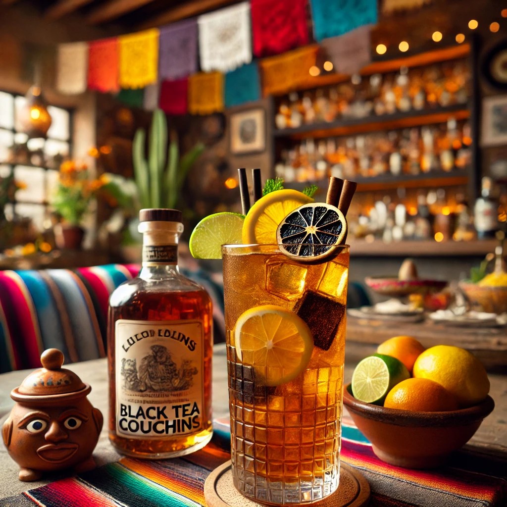 Een unieke cocktail genaamd 'Black Tea Collins', geserveerd in een hoog glas met een warme amberkleur. Het drankje is gemaakt van witte rum, Lapsang Souchong-thee, limoensap, suikerwater en sodawater. Het glas is gegarneerd met een schijfje verse citroen. De tafel is gedecoreerd met kleurrijke Mexicaanse textiel, een kleine kleikom met citrusvruchten en feestelijke accenten zoals een decoratieve sombrero. De achtergrond toont een gezellige en levendige Mexicaanse setting met rustieke houten accenten, terracottategels en zacht natuurlijk licht. Er zijn geen teksten of etiketten zichtbaar op glazen, flessen of oppervlakken.