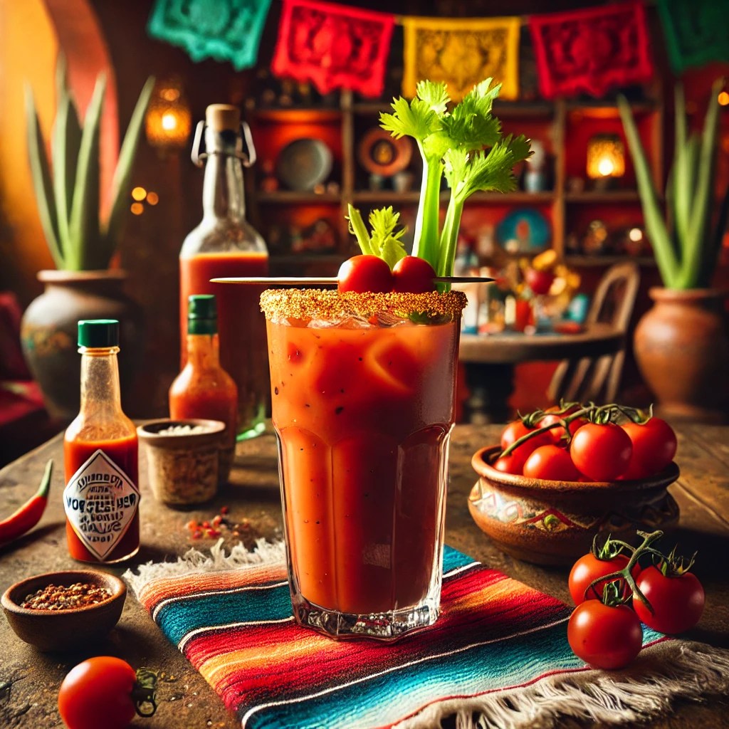 Een klassieke cocktail genaamd 'Bloody Mary', geserveerd in een hoog glas met een rijke rode kleur. Het drankje is gemaakt van wodka, tomatensap, Worcestershire-saus, citroensap, zout, peper en een vleugje Tabasco. Het glas is gegarneerd met een verse selderijstengel en een spiesje met cherrytomaatjes. De tafel is versierd met kleurrijke Mexicaanse textiel, een kleine kleikom met cherrytomaatjes en feestelijke accenten. De achtergrond toont een levendige Mexicaanse setting met rustieke houten accenten, terracottategels en warm natuurlijk licht. Er zijn geen teksten of etiketten zichtbaar op glazen, flessen of oppervlakken.