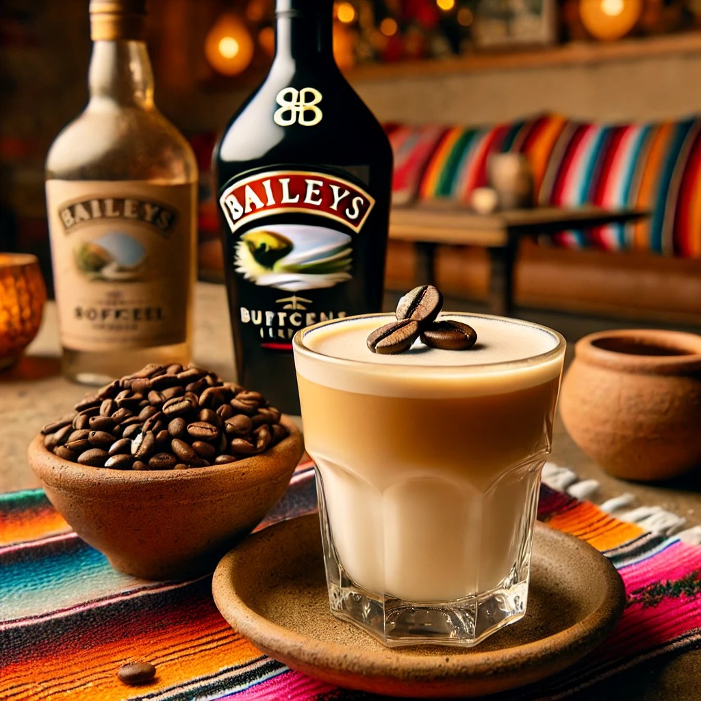 Een cocktail genaamd 'Buttery Nipples', geserveerd in een klein, elegant glas met een gladde, gelaagde uitstraling. Het drankje heeft een romige, licht karamelkleurige tint, gemaakt met Baileys en butterscotch-likeur. Het glas is gegarneerd met twee koffiebonen bovenop. De tafel is gedecoreerd met kleurrijke Mexicaanse textiel, een kleine kleikom met koffiebonen en feestelijke accenten. De achtergrond toont een gezellige Mexicaanse setting met rustieke houten accenten, terracottategels en warm natuurlijk licht. Er zijn geen teksten of etiketten zichtbaar op glazen, flessen of oppervlakken.