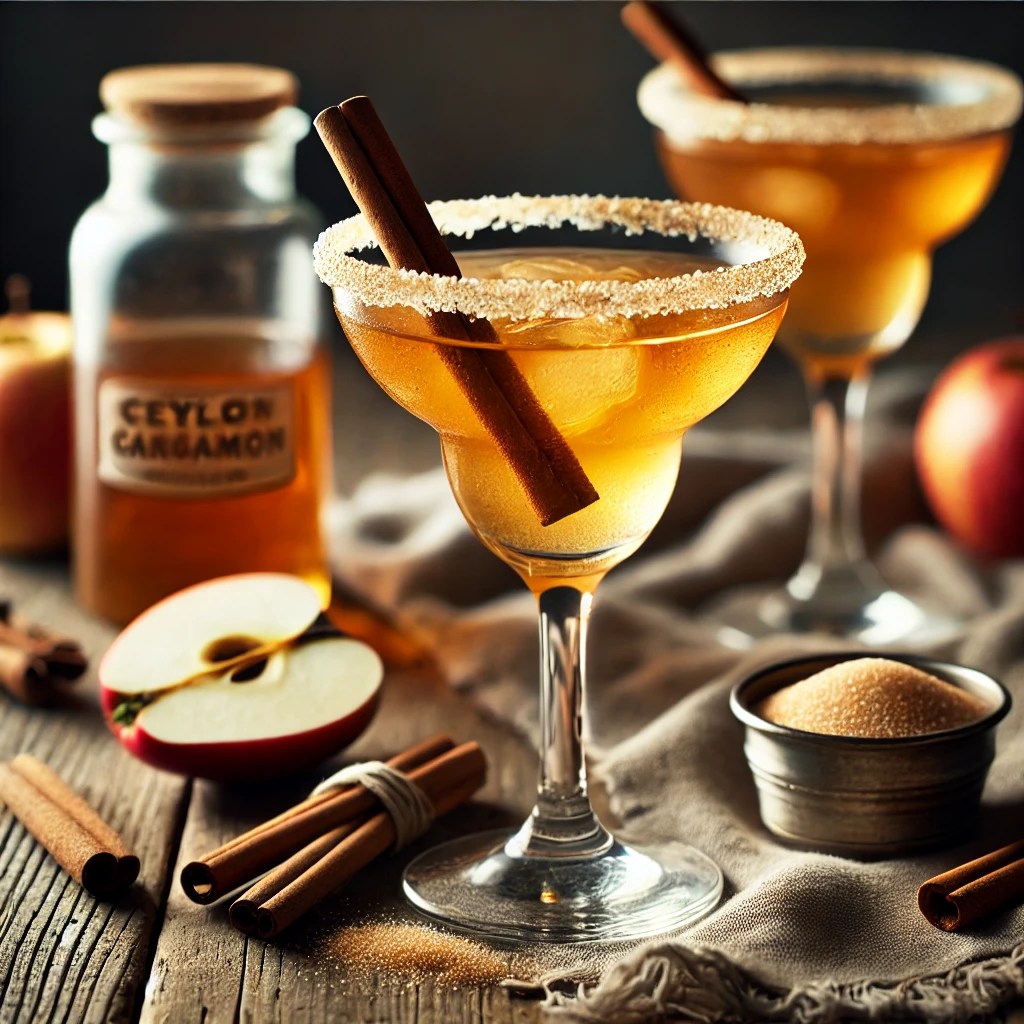 Cinnamon Margarita met een warme amberkleur, geserveerd in een klassiek Margarita-glas met een suikerrandje en een kaneelstokje, op een rustieke houten tafel met verspreide kaneelstokjes, appelpartjes en een schaaltje suiker.