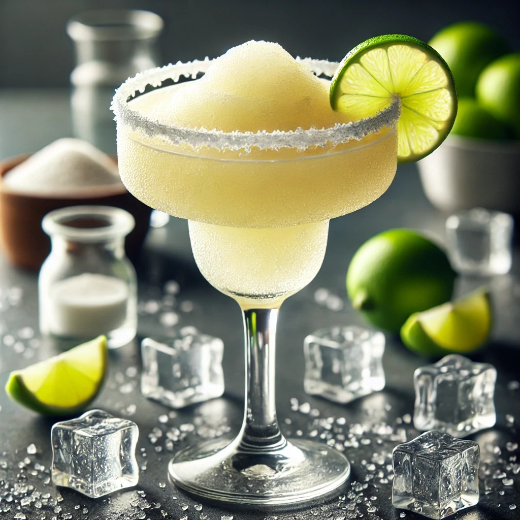 Frozen Margarita met een dikke ijzige textuur, geserveerd in een klassiek Margarita-glas met een zoutrand, gegarneerd met een limoenschijfje, op een strakke bar met ijsblokjes, een schaaltje zout en limoenpartjes.