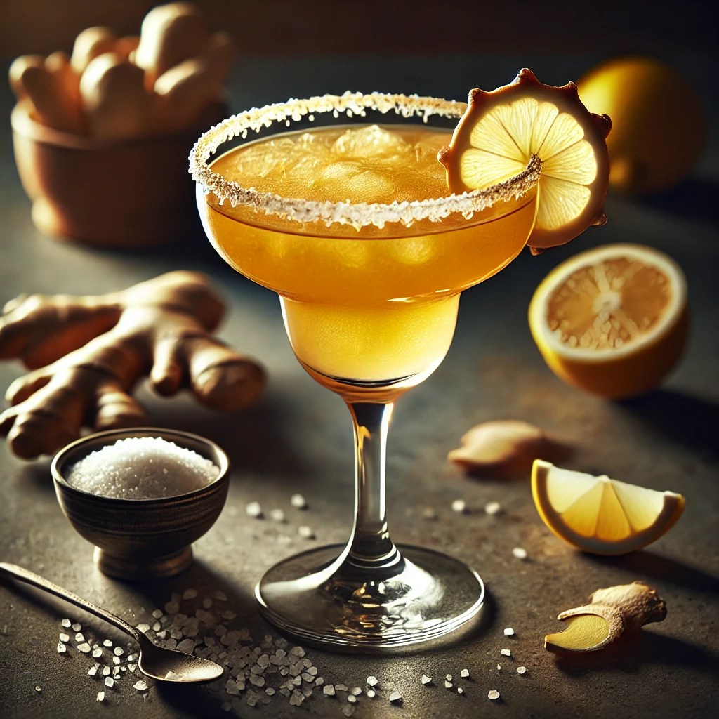 Gingerita cocktail met een warme gouden tint, geserveerd in een klassiek Margarita-glas met een zoutrand en een plakje verse gember, op een strakke bar met gember- en citroenschijfjes en een schaaltje zout.