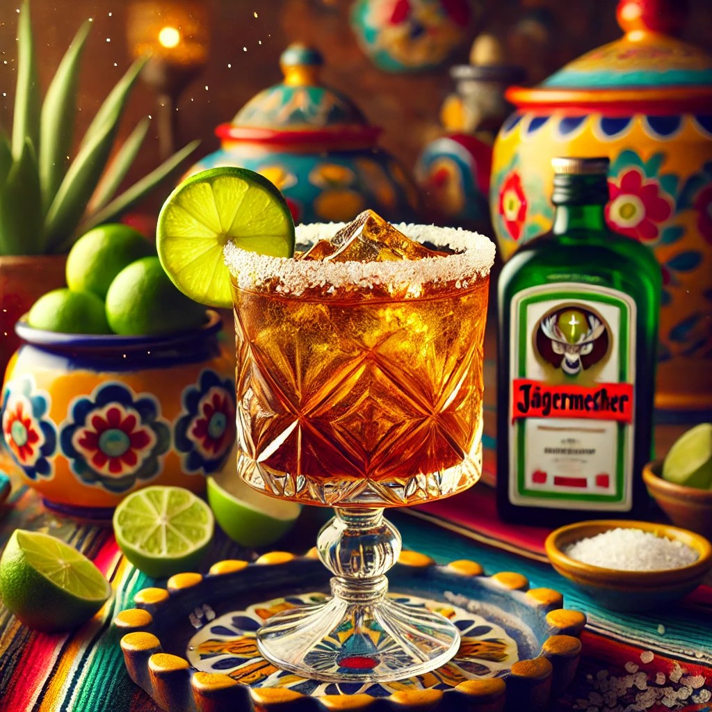 Jagarita cocktail in een glas met een zoutrandje, gegarneerd met een limoenschijfje, geserveerd op een kleurrijk keramisch dienblad.